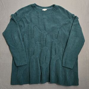 J Jill  Women M Teal Green Cable Knit Chenille Sweater Chunky Oversized